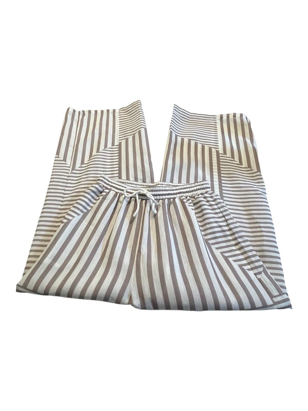 NWT Zaful Khaki White Striped Palazzo Pants Wide Leg Drawstring | Size 4 - Picture 2 of 14